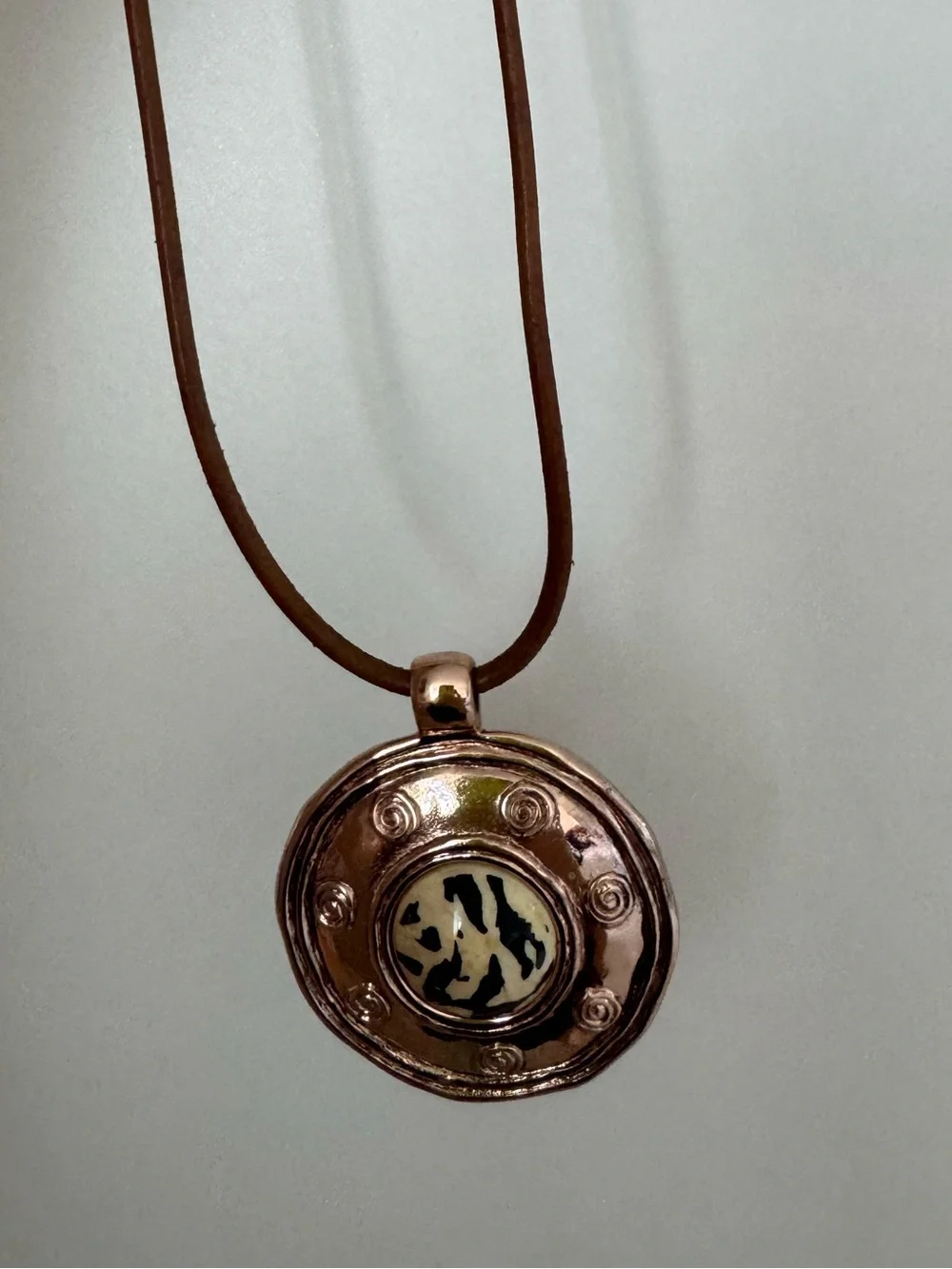 Round Copper Pendant Necklace with Animal Print Accent Gold color 16” - Picture 5 of 12